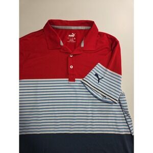 Puma Golf Polo Shirt Men XL Red Blue White Striped Colorblock Performance